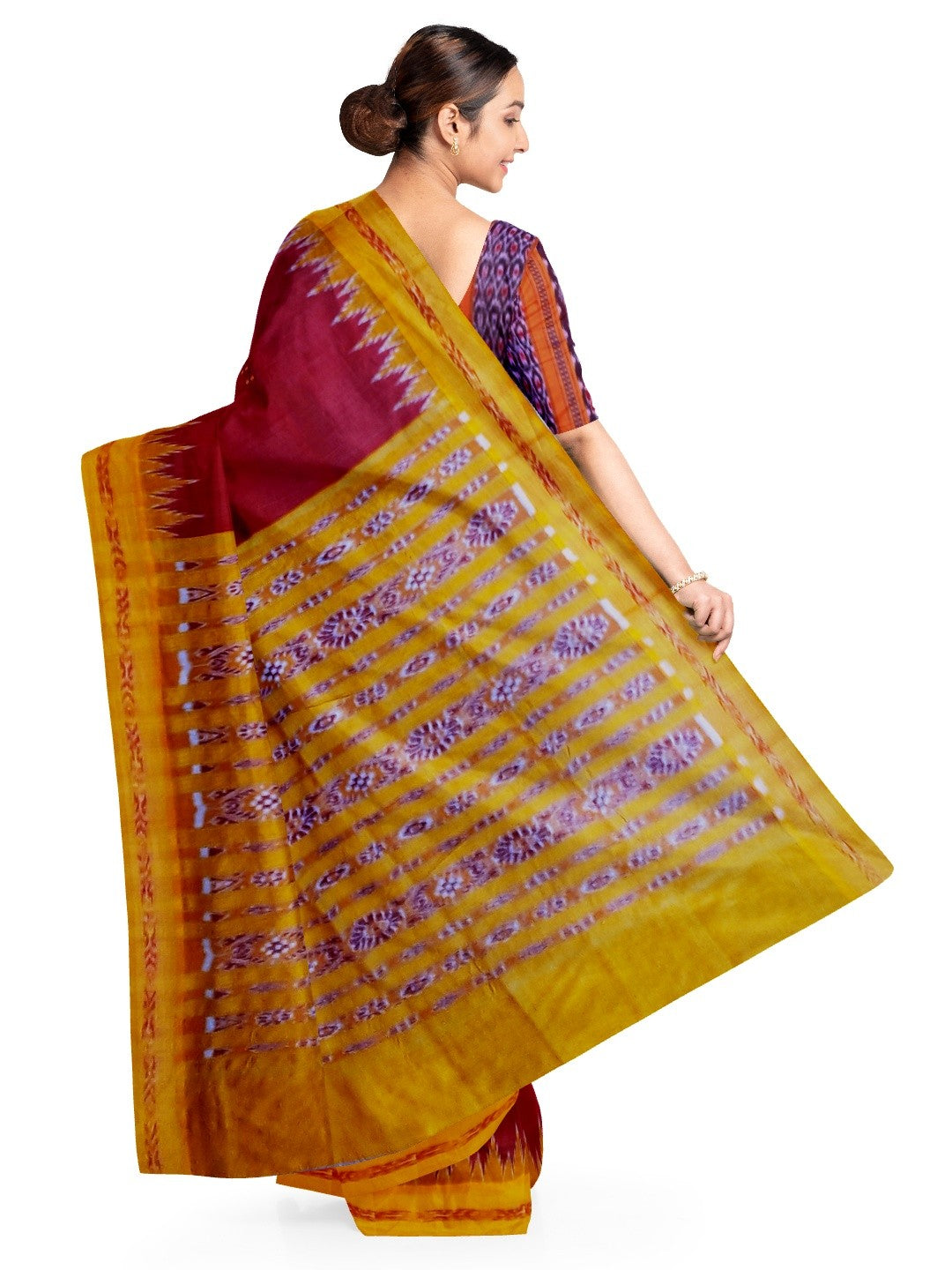 Maroon Odisha Khandua Pata Silk Saree with cotton ikat blouse piece