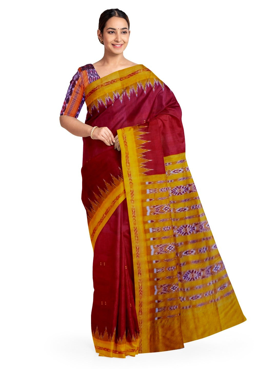 Maroon Odisha Khandua Pata Silk Saree with cotton ikat blouse piece