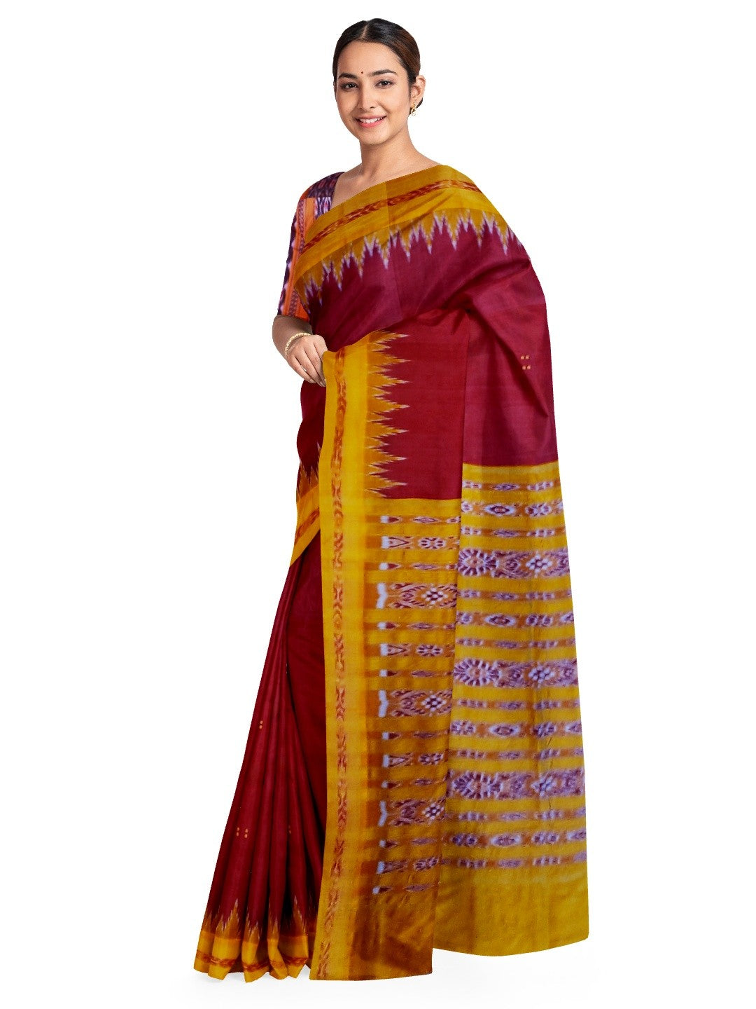 Maroon Odisha Khandua Pata Silk Saree with cotton ikat blouse piece