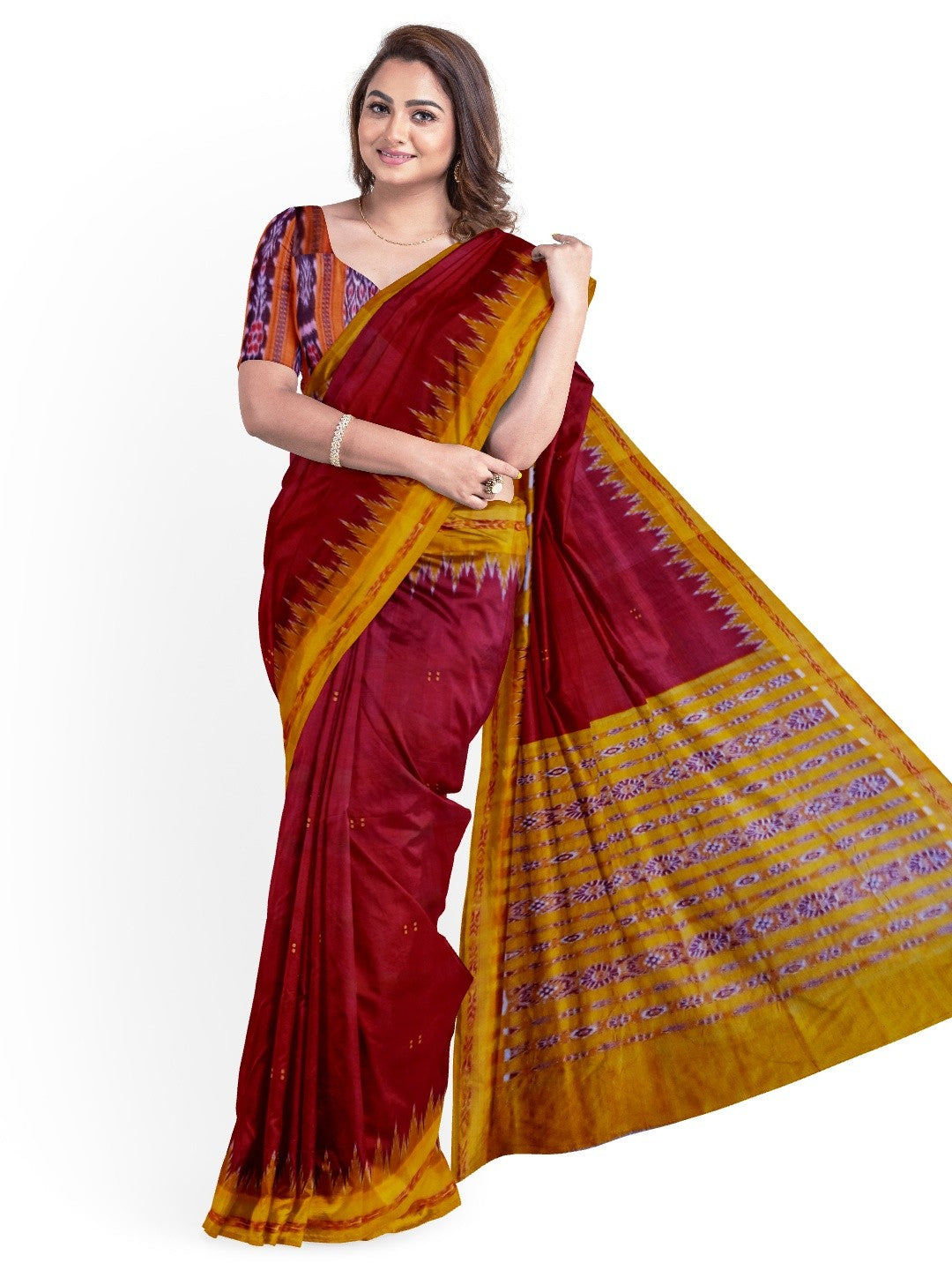 Maroon Odisha Khandua Pata Silk Saree with cotton ikat blouse piece