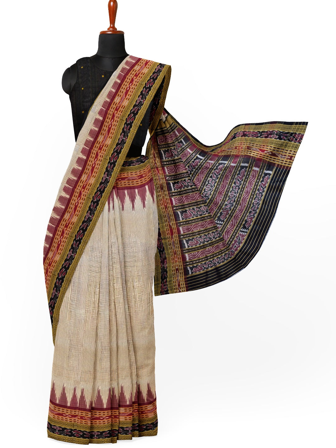 Beige Sachipar pattern Odisha Khandua Pata Silk Saree with cotton ikat blouse piece