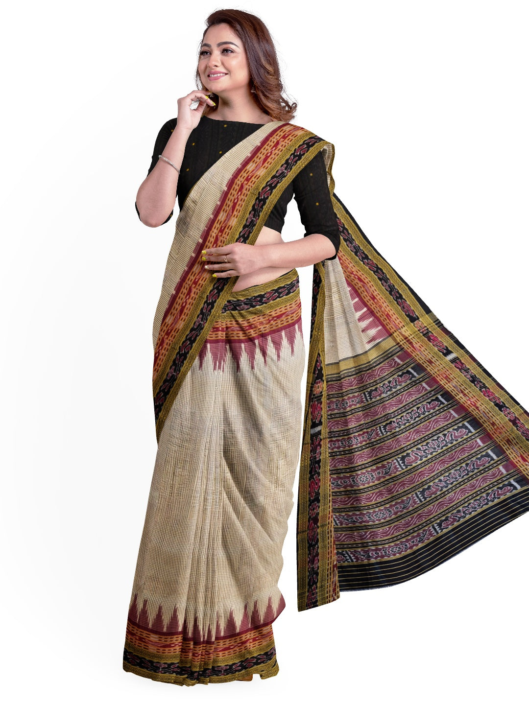 Beige Sachipar pattern Odisha Khandua Pata Silk Saree with cotton ikat blouse piece