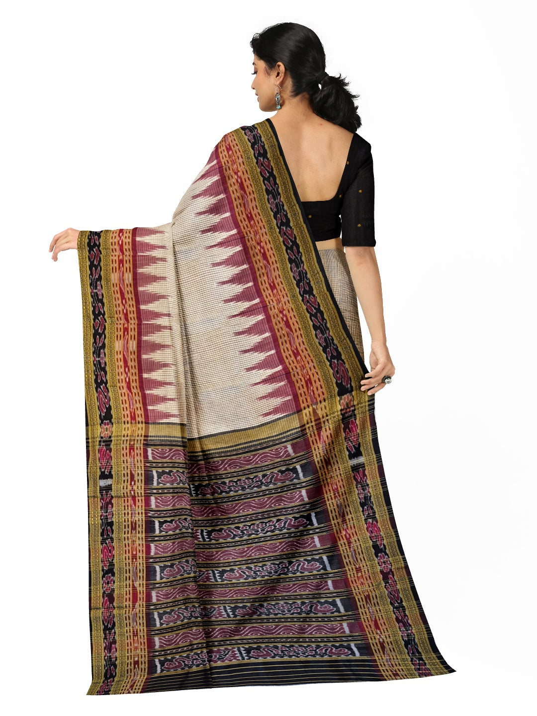 Beige Sachipar pattern Odisha Khandua Pata Silk Saree with cotton ikat blouse piece