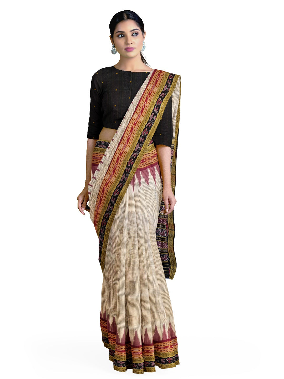 Beige Sachipar pattern Odisha Khandua Pata Silk Saree with cotton ikat blouse piece