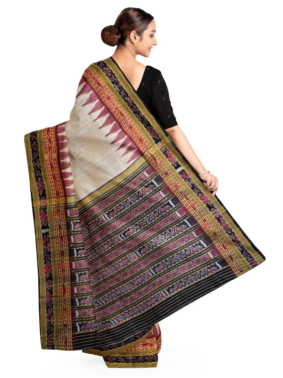 Beige Sachipar pattern Odisha Khandua Pata Silk Saree with cotton ikat blouse piece