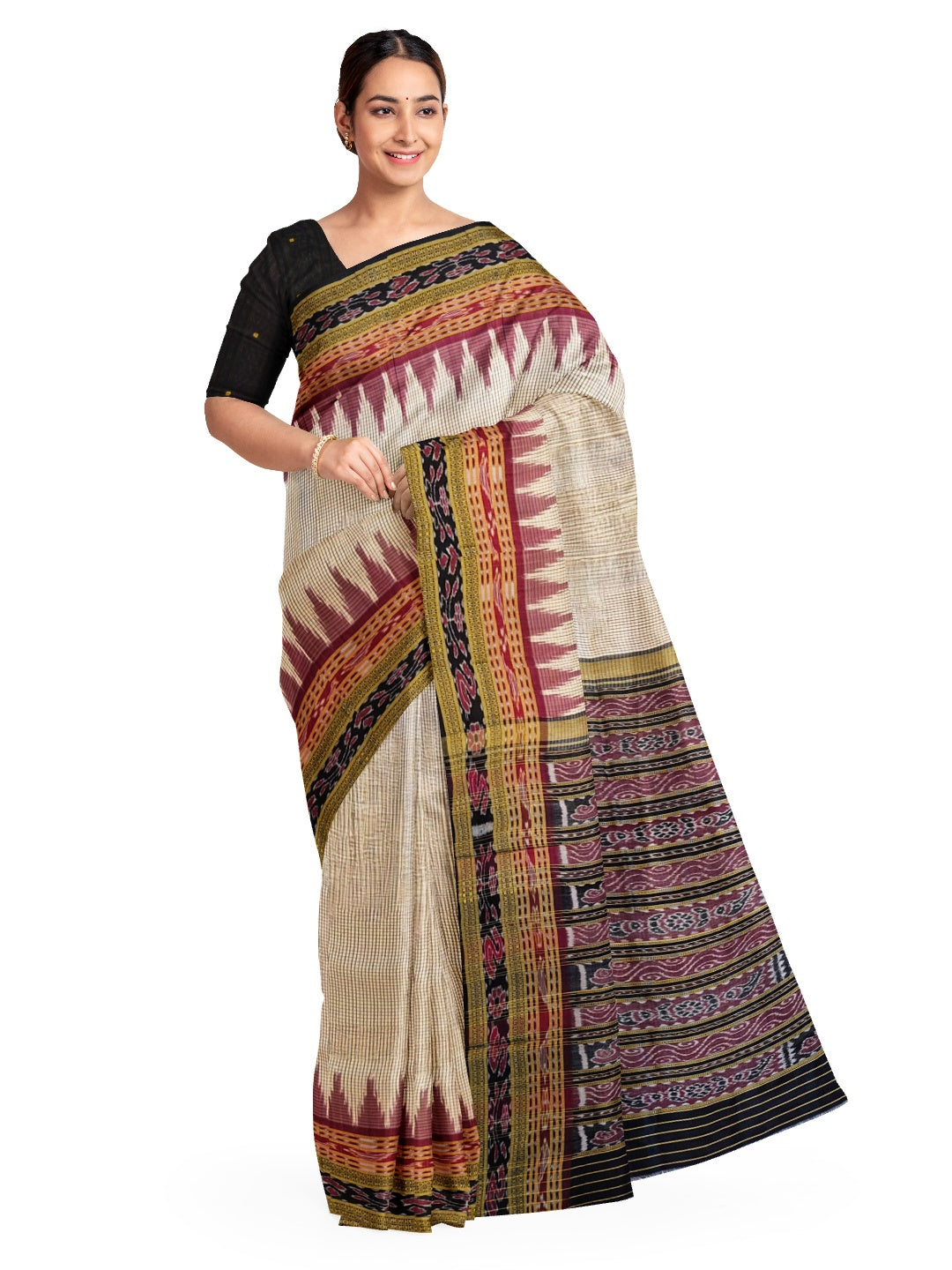 Beige Sachipar pattern Odisha Khandua Pata Silk Saree with cotton ikat blouse piece