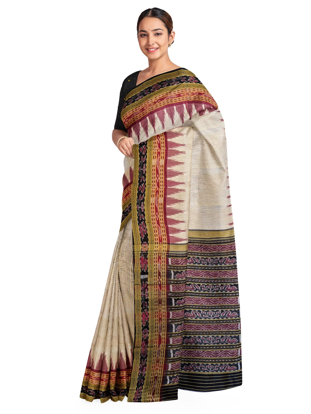 Beige Sachipar pattern Odisha Khandua Pata Silk Saree with cotton ikat blouse piece