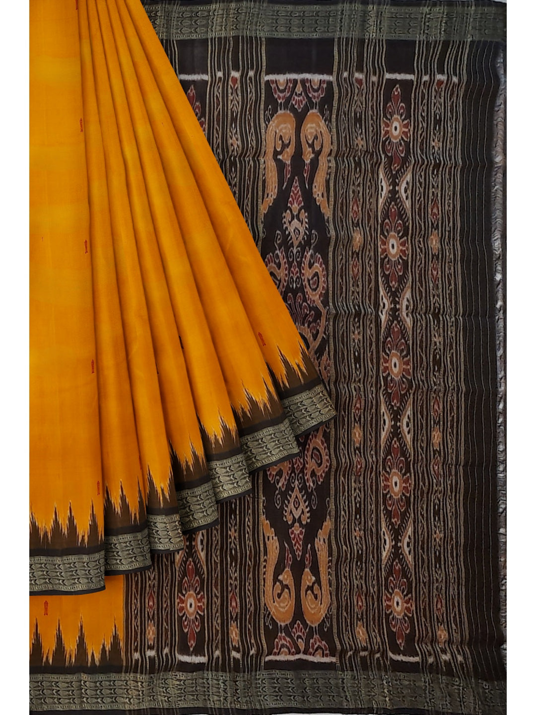 Golden Yellow Odisha Khandua Pata Silk Saree with cotton ikat blouse piece