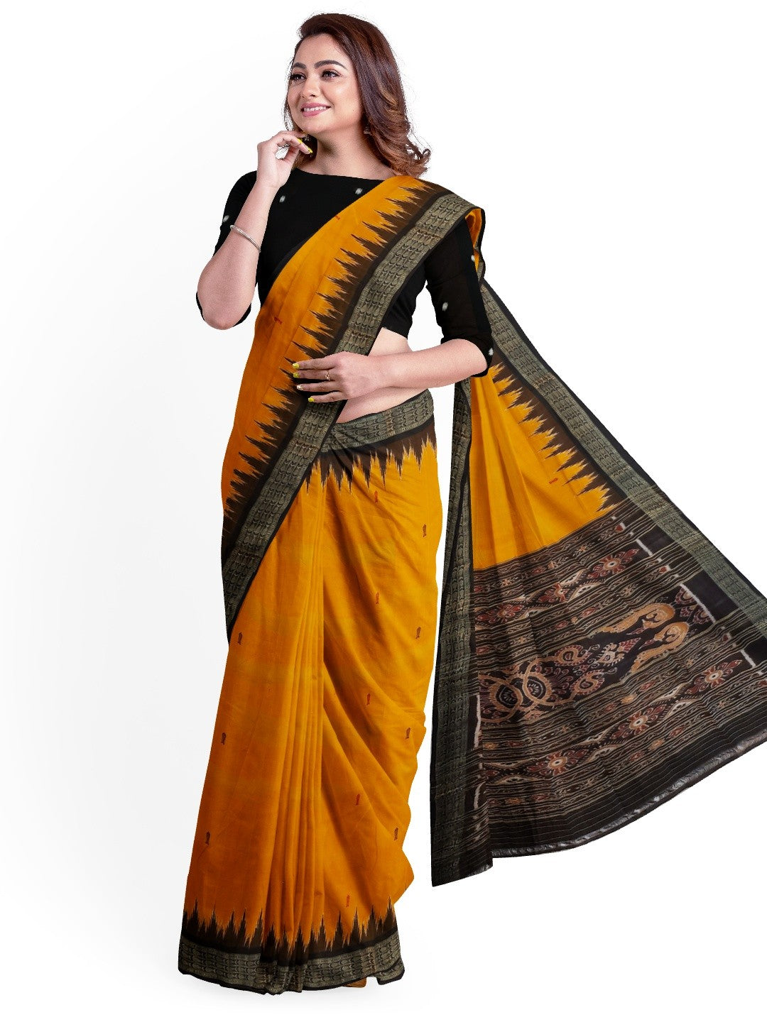 Golden Yellow Odisha Khandua Pata Silk Saree with cotton ikat blouse piece