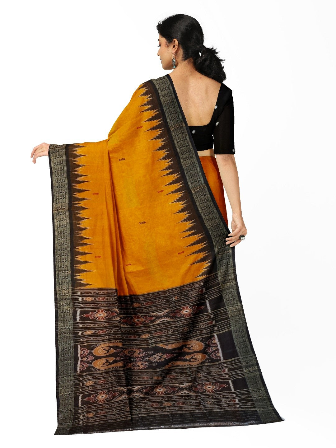 Golden Yellow Odisha Khandua Pata Silk Saree with cotton ikat blouse piece