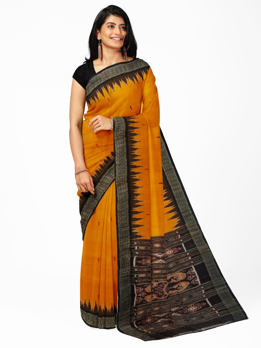 Golden Yellow Odisha Khandua Pata Silk Saree with cotton ikat blouse piece