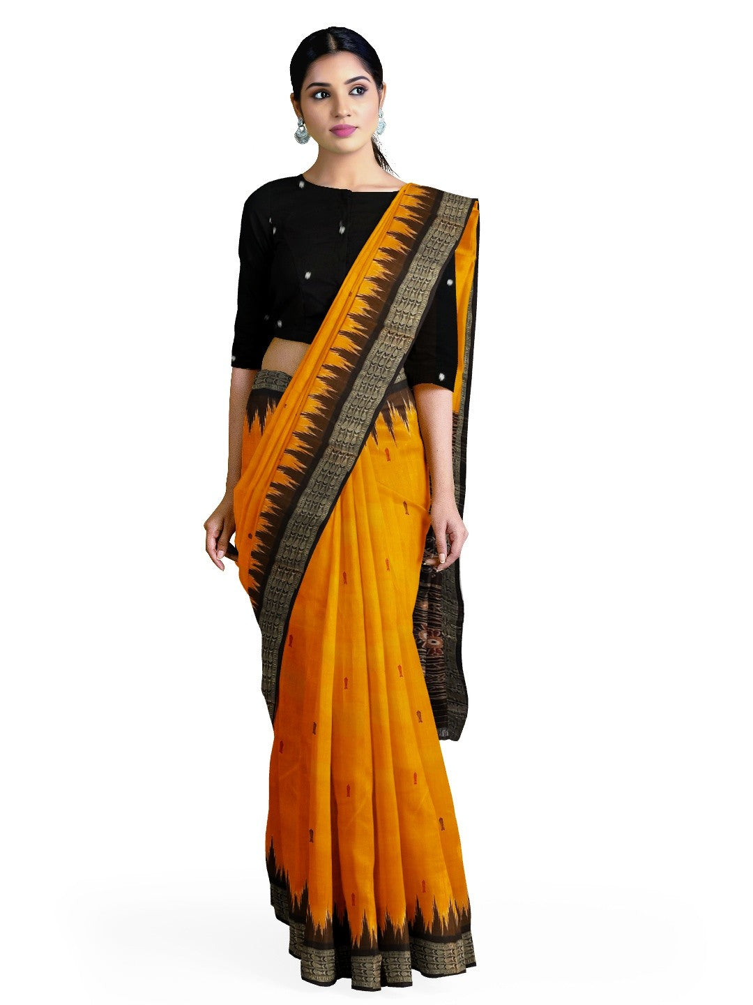 Golden Yellow Odisha Khandua Pata Silk Saree with cotton ikat blouse piece