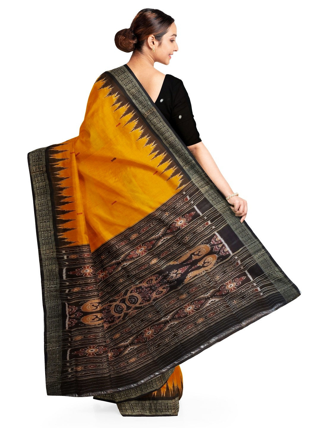 Golden Yellow Odisha Khandua Pata Silk Saree with cotton ikat blouse piece