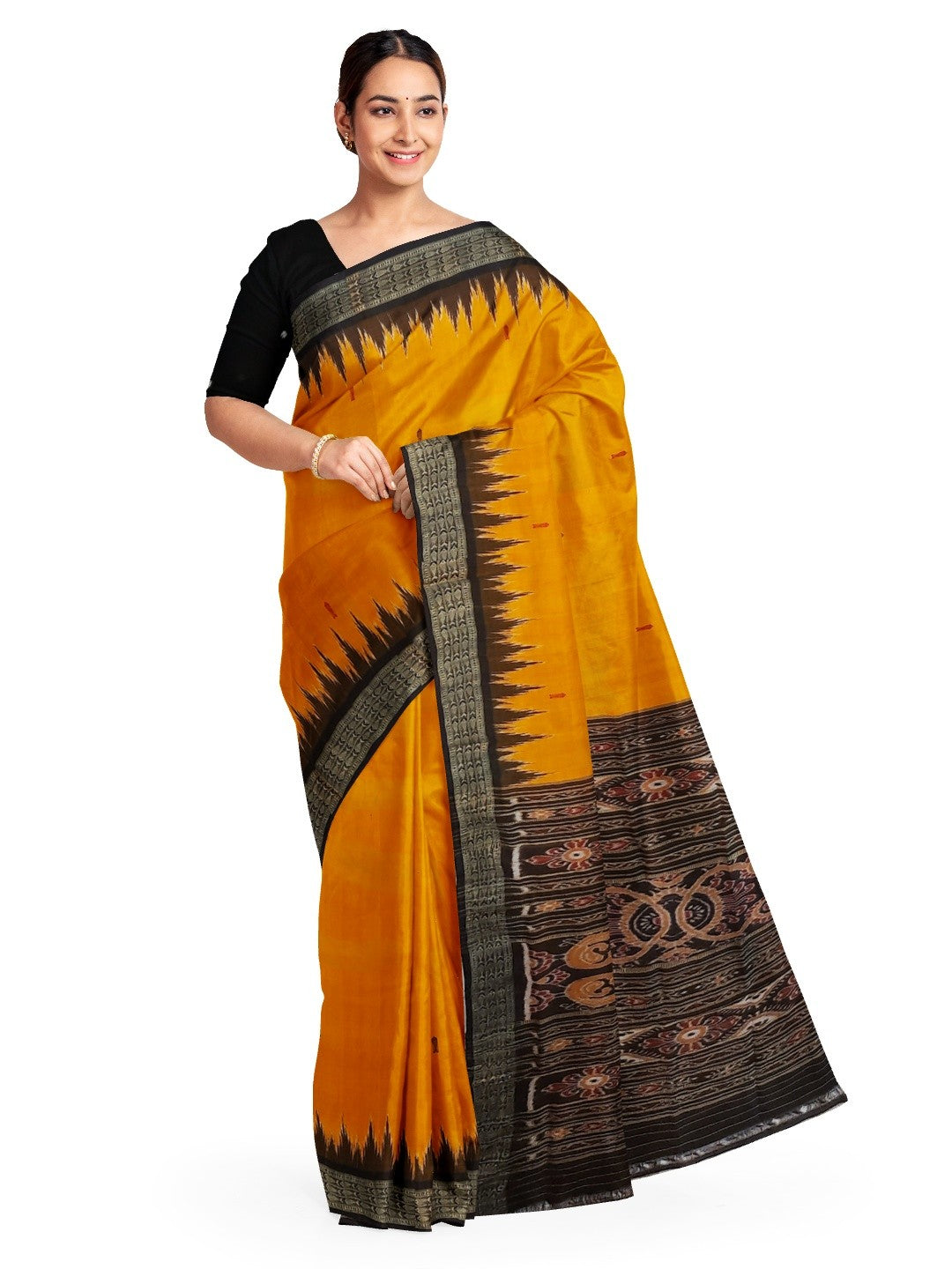 Golden Yellow Odisha Khandua Pata Silk Saree with cotton ikat blouse piece