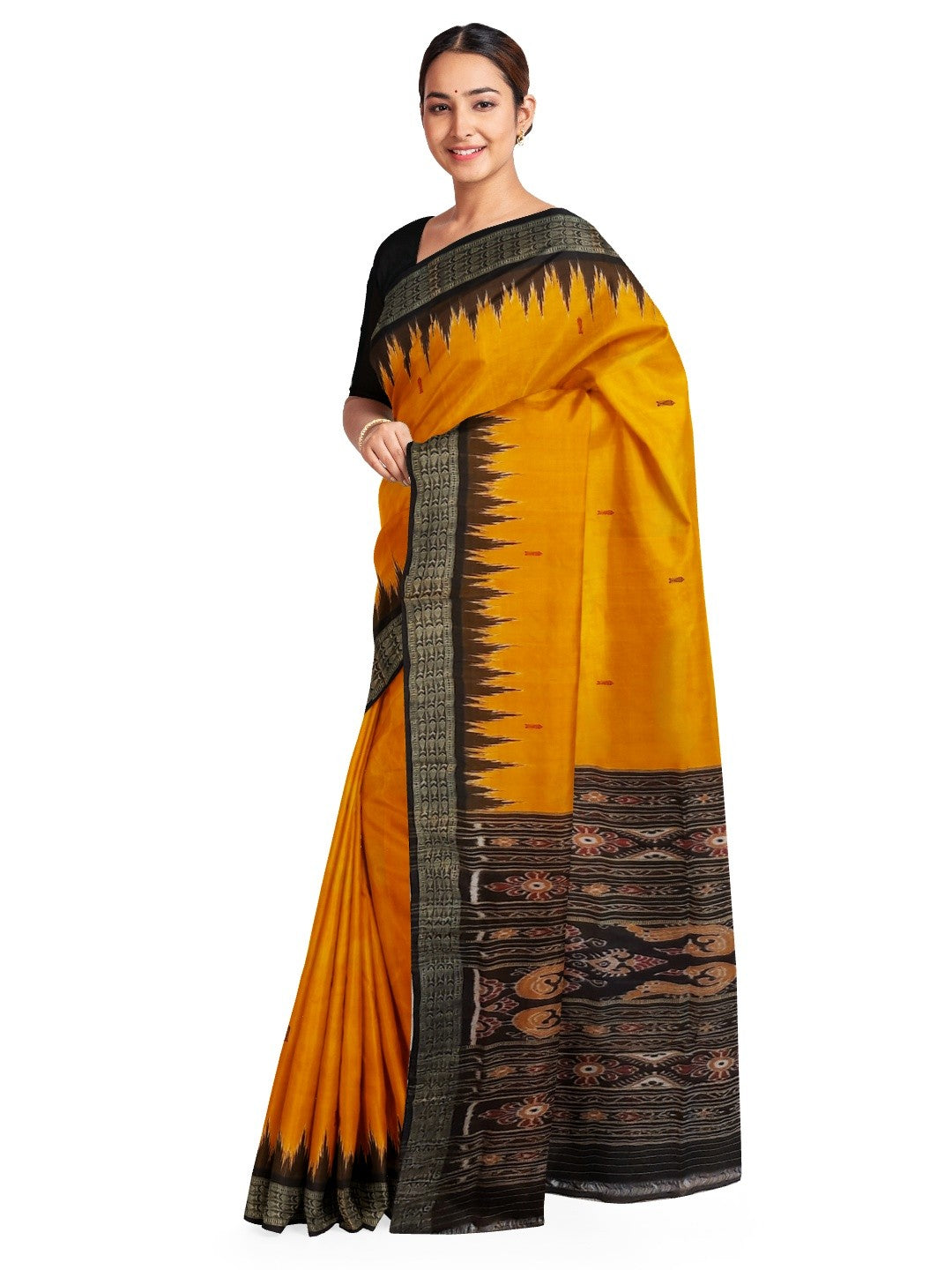 Golden Yellow Odisha Khandua Pata Silk Saree with cotton ikat blouse piece