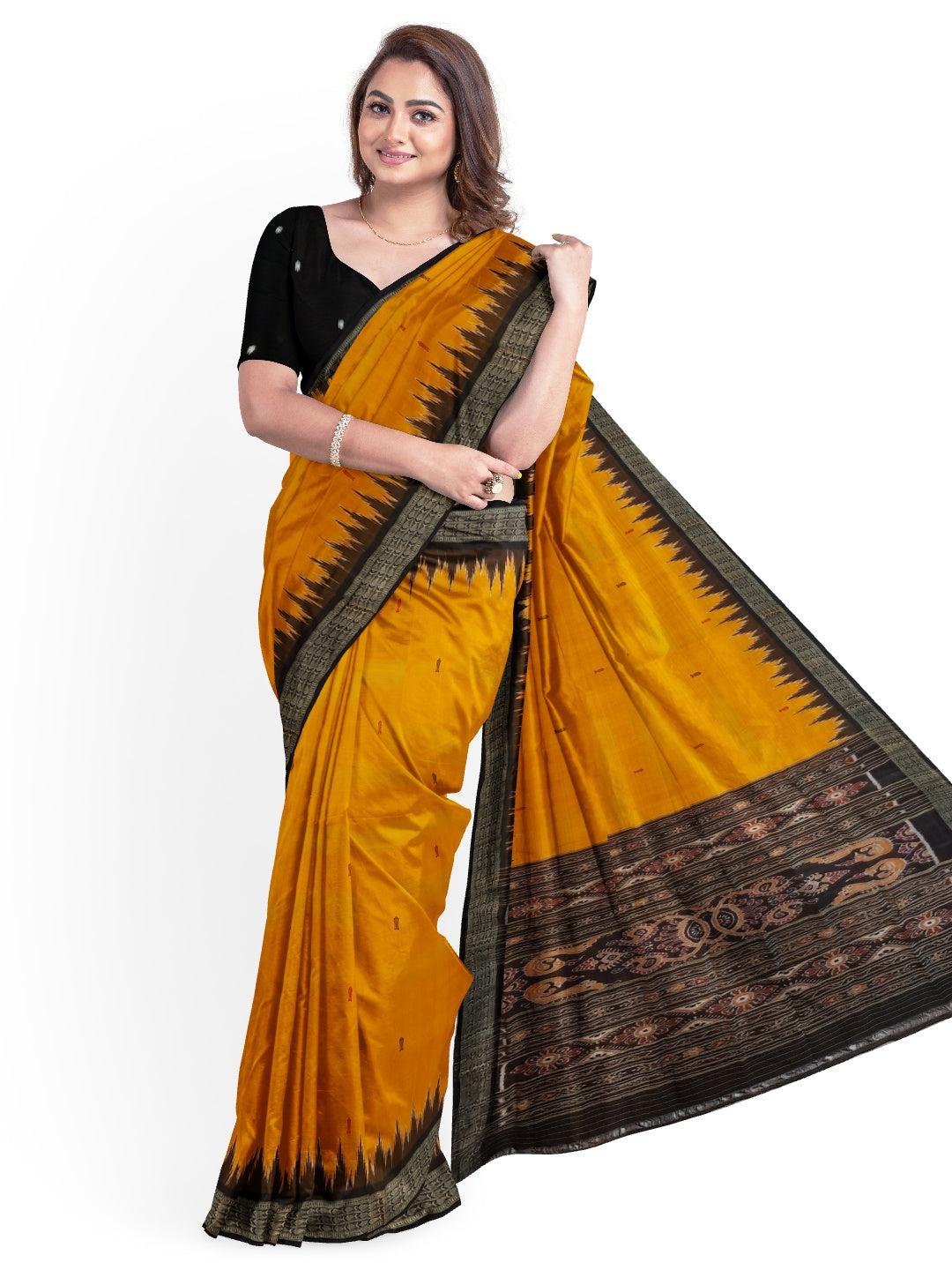 Golden Yellow Odisha Khandua Pata Silk Saree with cotton ikat blouse piece