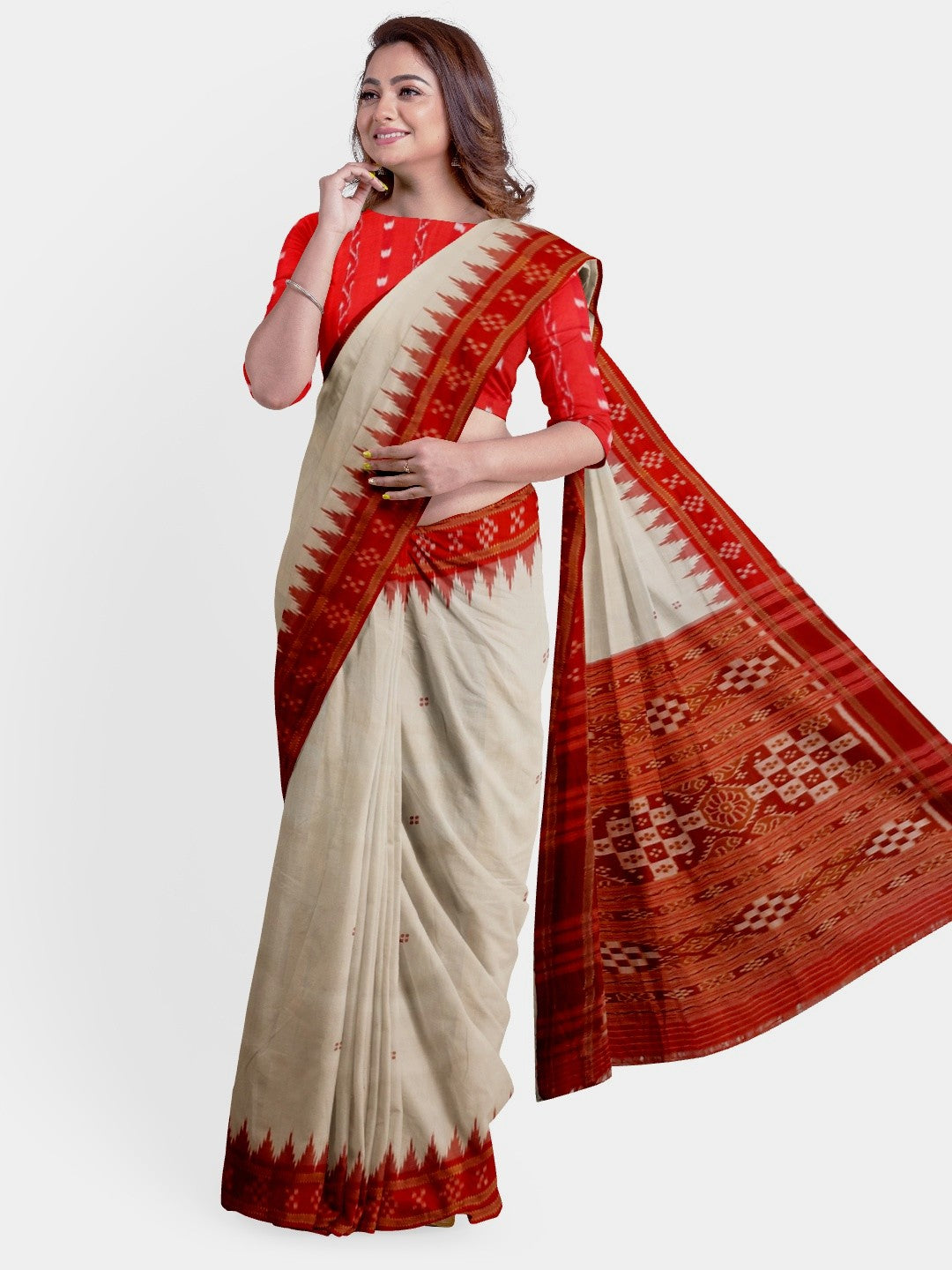 Off-white Odisha Khandua Pata Silk Saree with cotton ikat blouse piece