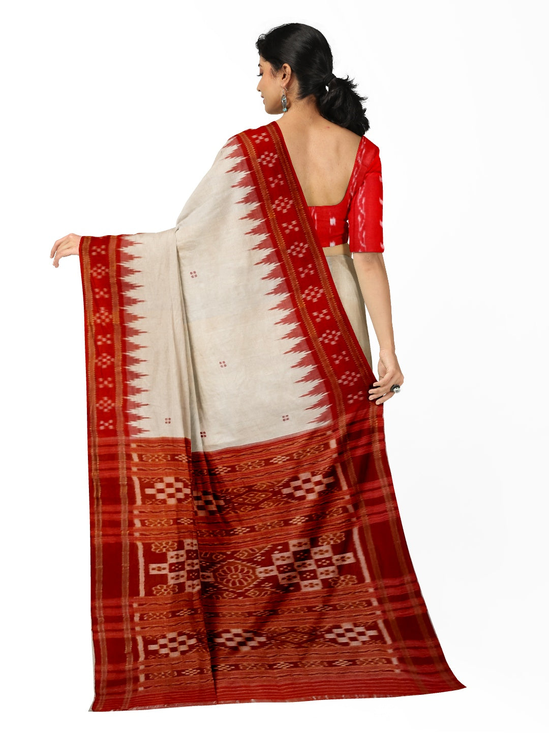 Off-white Odisha Khandua Pata Silk Saree with cotton ikat blouse piece