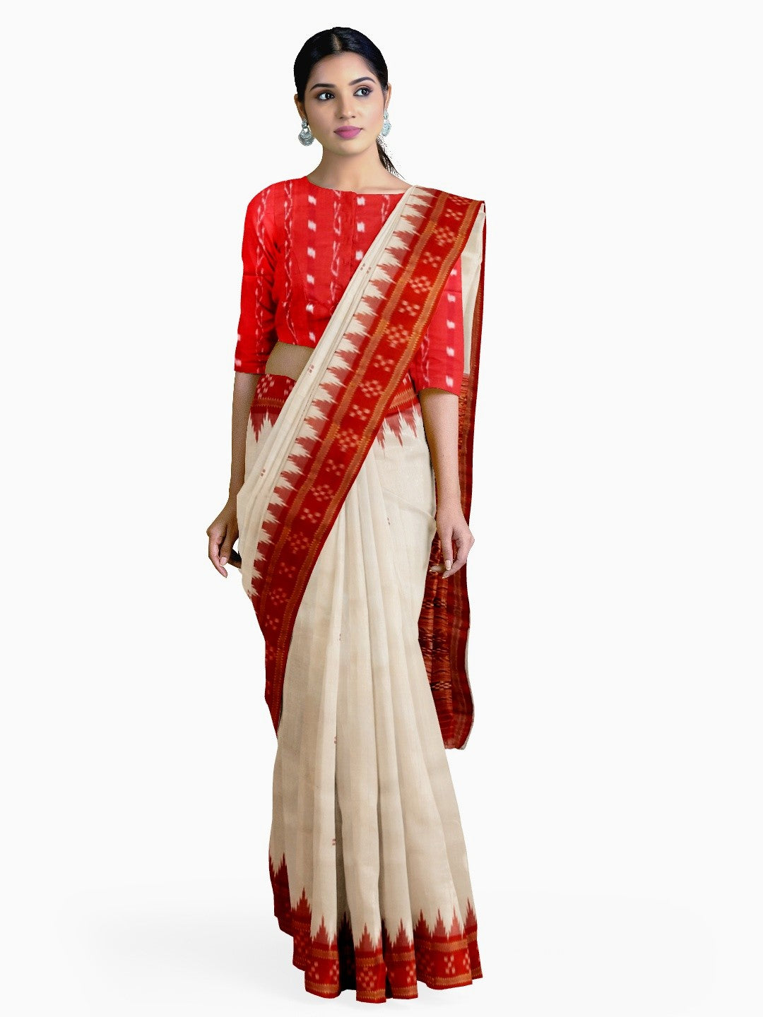Off-white Odisha Khandua Pata Silk Saree with cotton ikat blouse piece