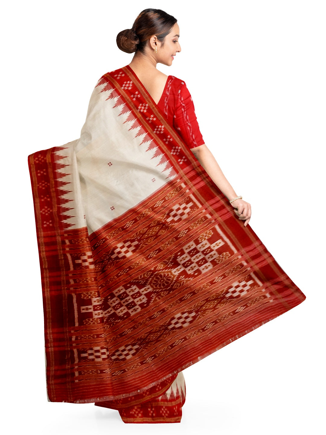 Off-white Odisha Khandua Pata Silk Saree with cotton ikat blouse piece
