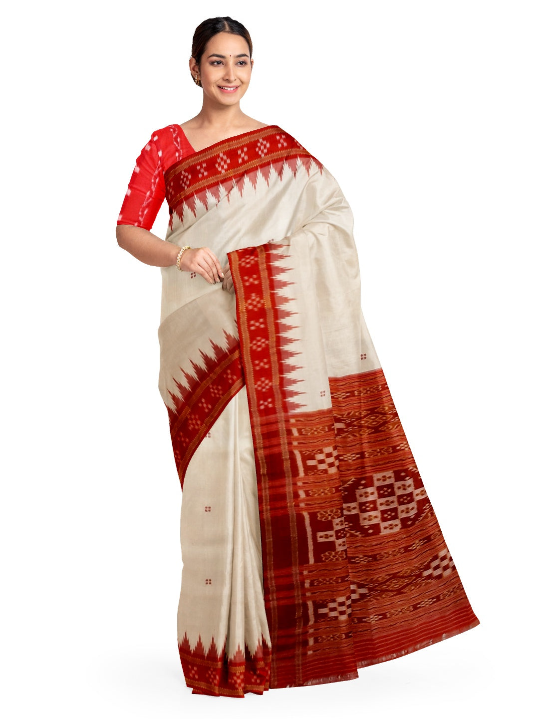 Off-white Odisha Khandua Pata Silk Saree with cotton ikat blouse piece