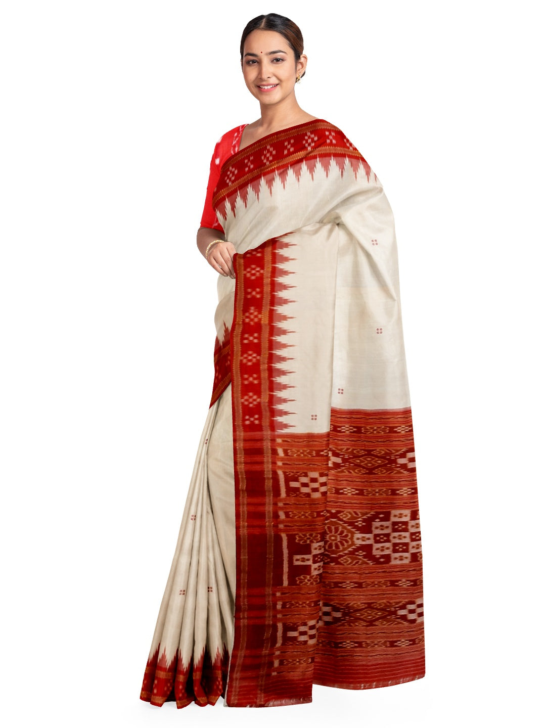 Off-white Odisha Khandua Pata Silk Saree with cotton ikat blouse piece