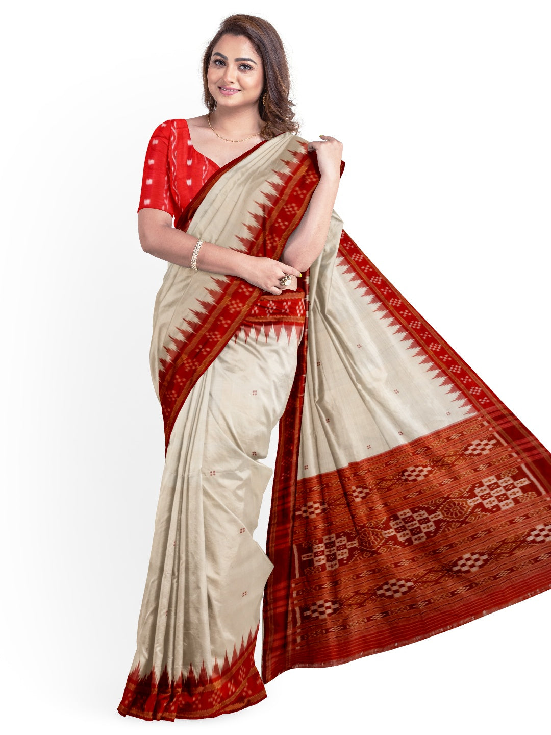 Off-white Odisha Khandua Pata Silk Saree with cotton ikat blouse piece