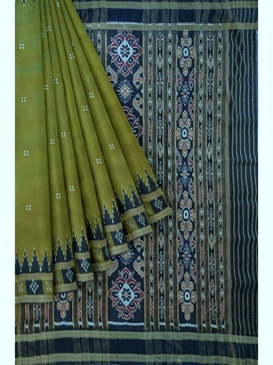 OliveGreen Odisha Khandua Pata Silk Saree with cotton ikat blouse piece