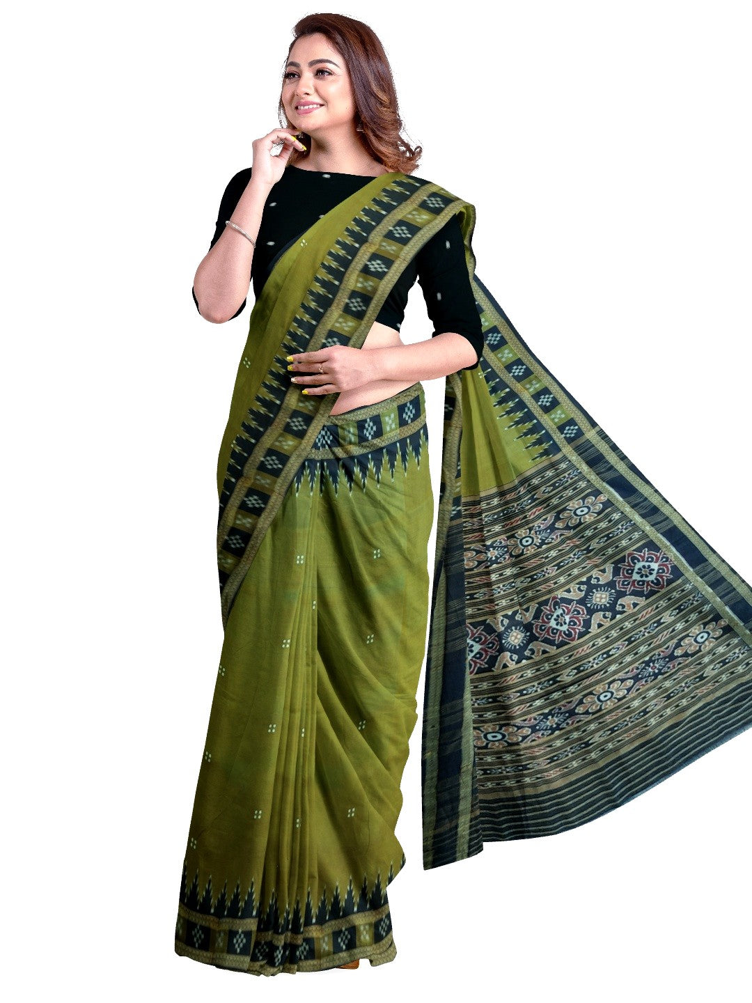 OliveGreen Odisha Khandua Pata Silk Saree with cotton ikat blouse piece
