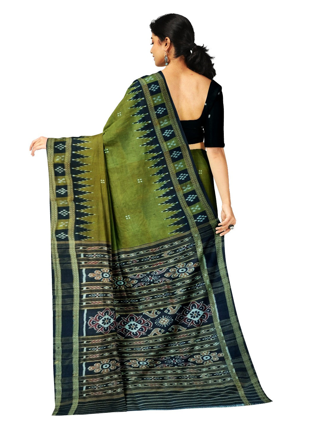 OliveGreen Odisha Khandua Pata Silk Saree with cotton ikat blouse piece