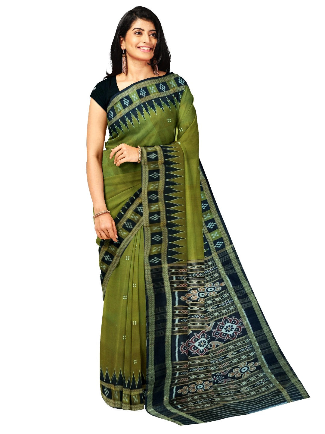 OliveGreen Odisha Khandua Pata Silk Saree with cotton ikat blouse piece