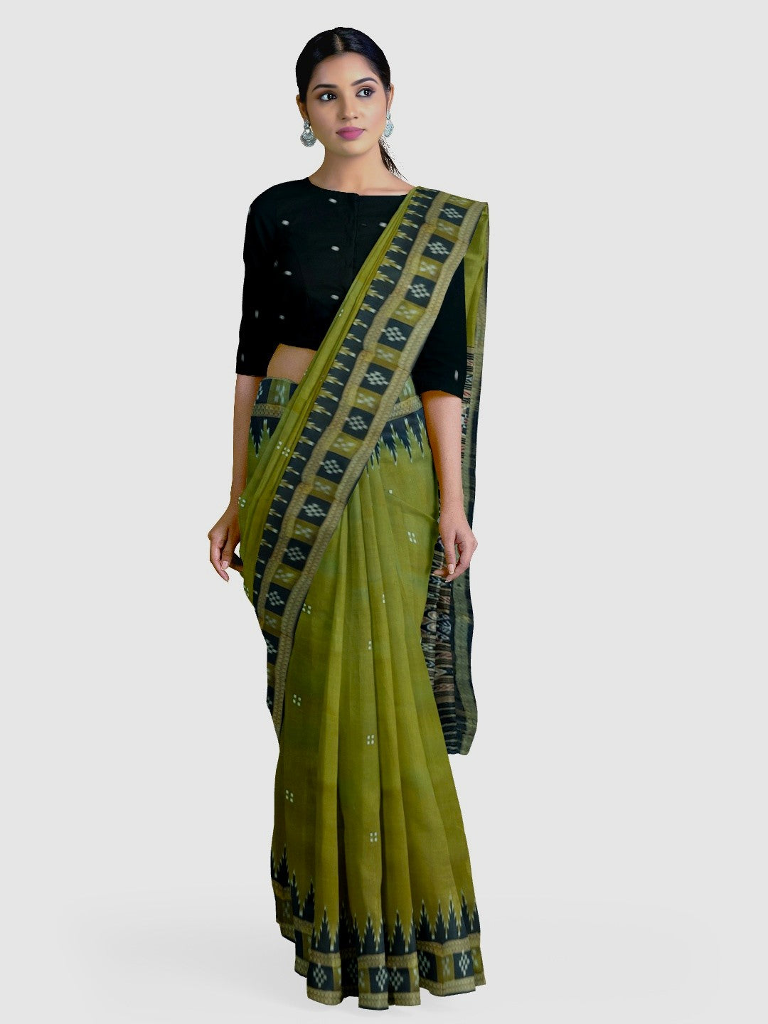OliveGreen Odisha Khandua Pata Silk Saree with cotton ikat blouse piece
