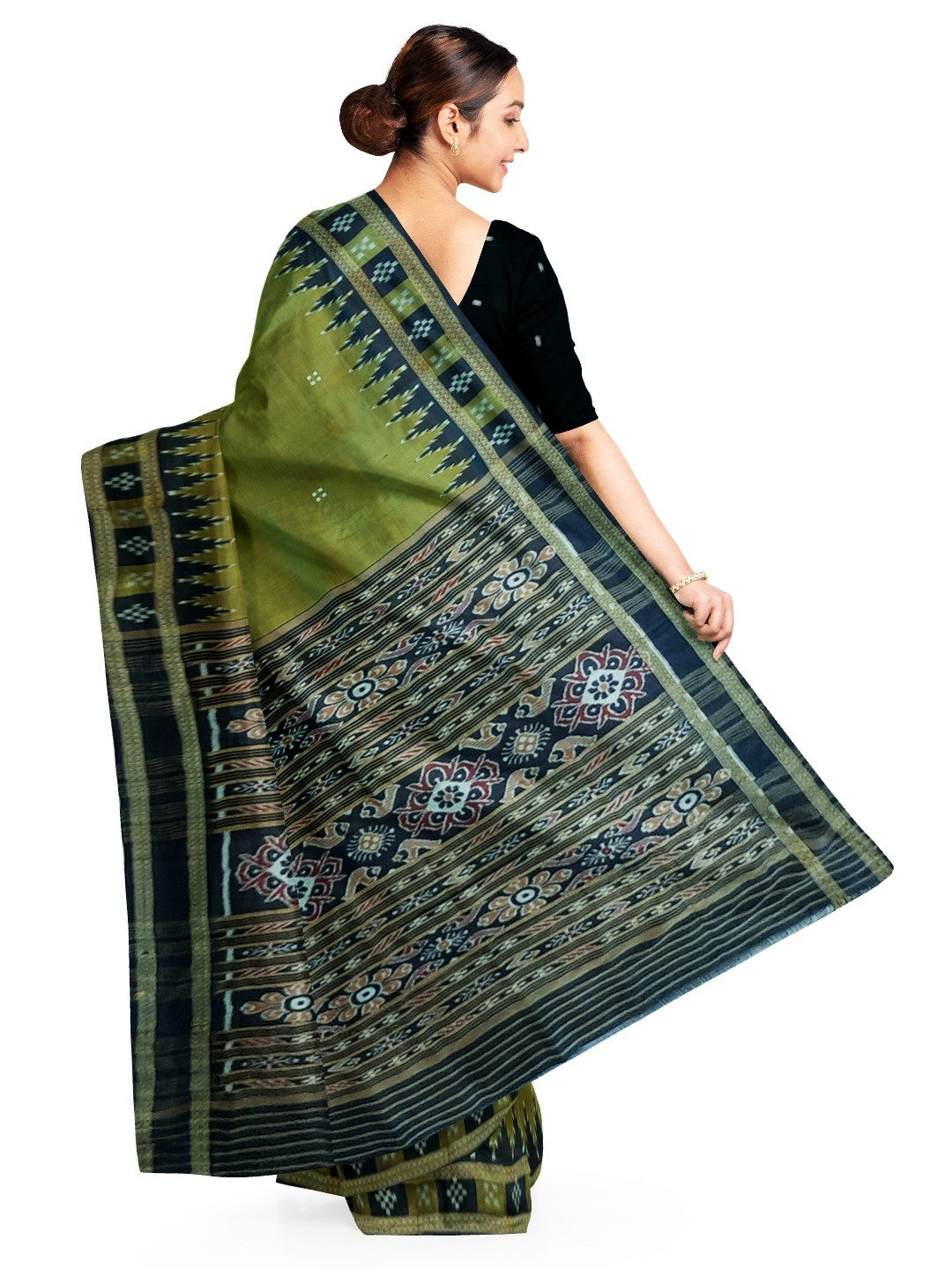 OliveGreen Odisha Khandua Pata Silk Saree with cotton ikat blouse piece