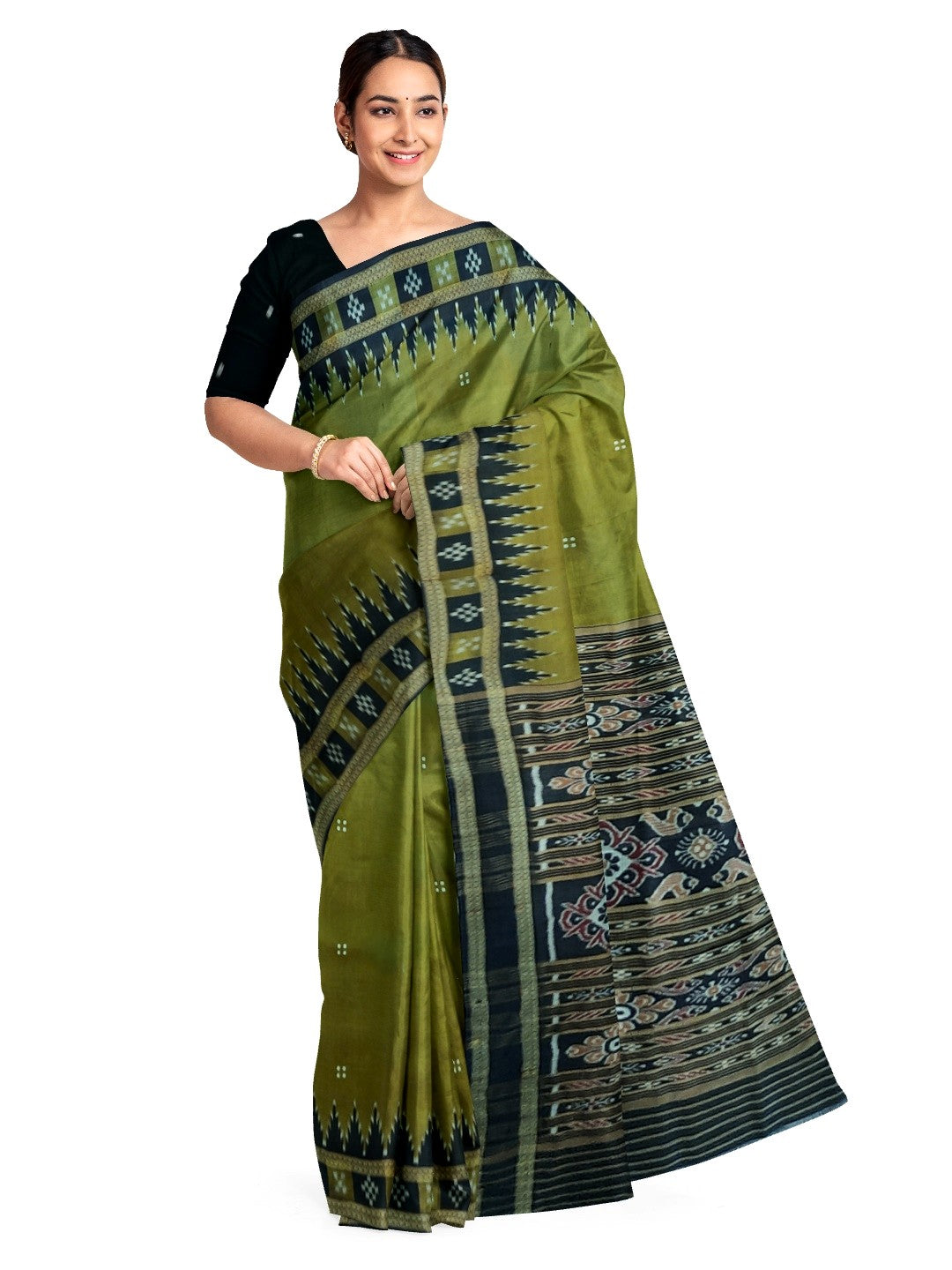 OliveGreen Odisha Khandua Pata Silk Saree with cotton ikat blouse piece