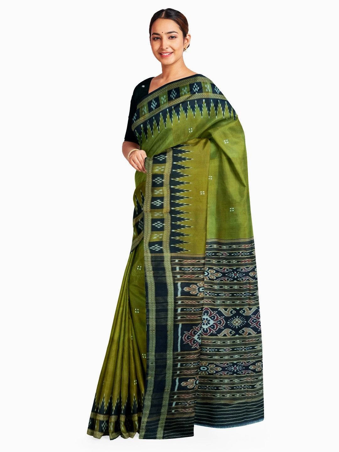 OliveGreen Odisha Khandua Pata Silk Saree with cotton ikat blouse piece