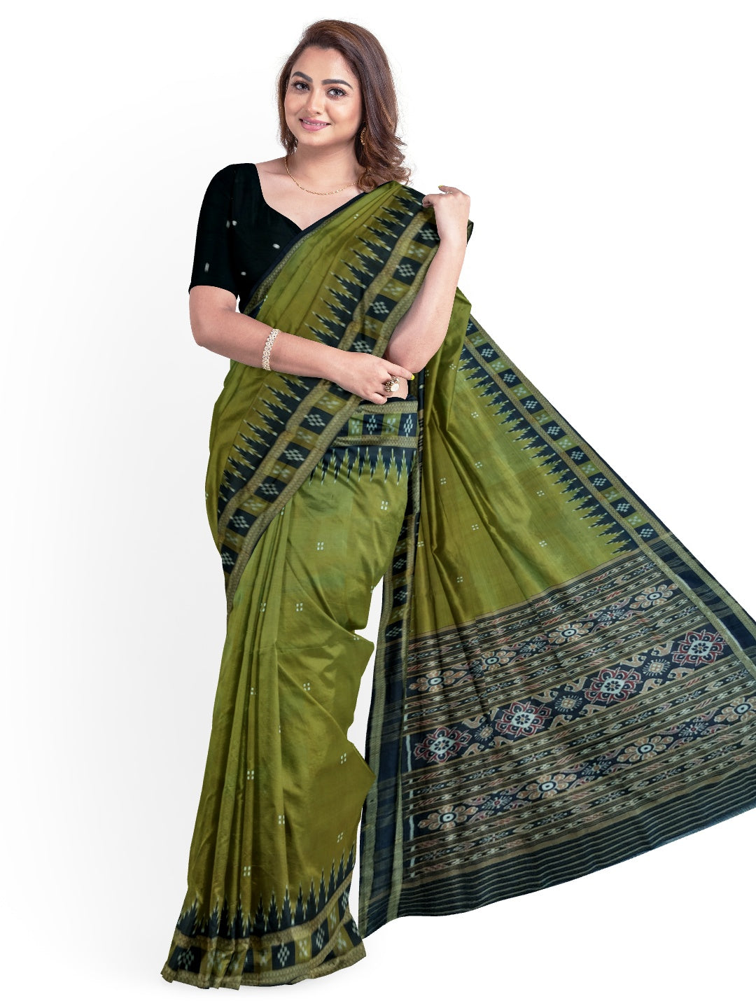 OliveGreen Odisha Khandua Pata Silk Saree with cotton ikat blouse piece