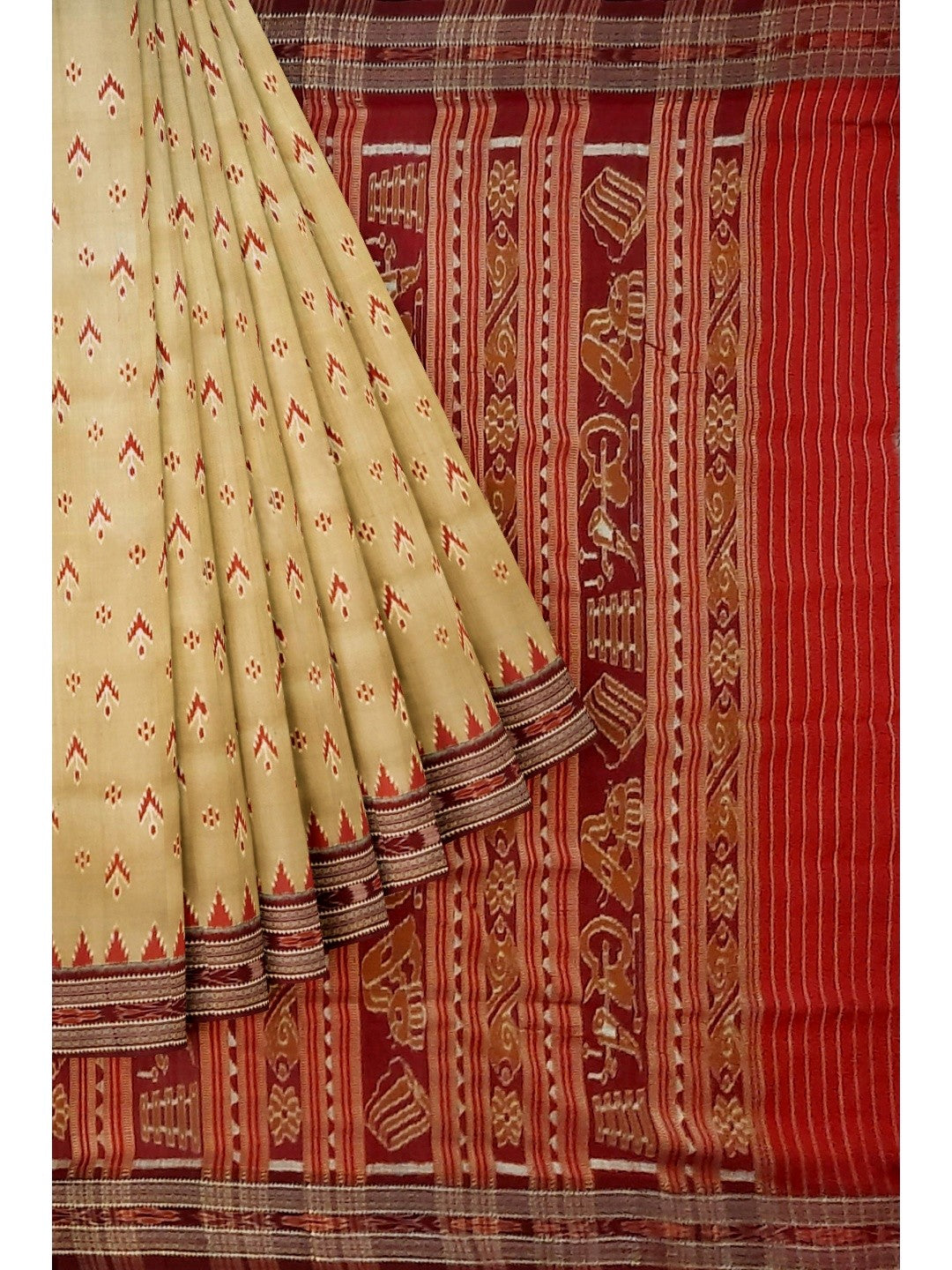 Beige with Maroon Odisha Khandua Pata Silk Saree with Maroon Silk blouse piece