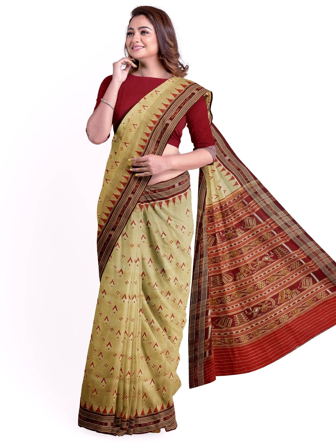 Beige with Maroon Odisha Khandua Pata Silk Saree with Maroon Silk blouse piece