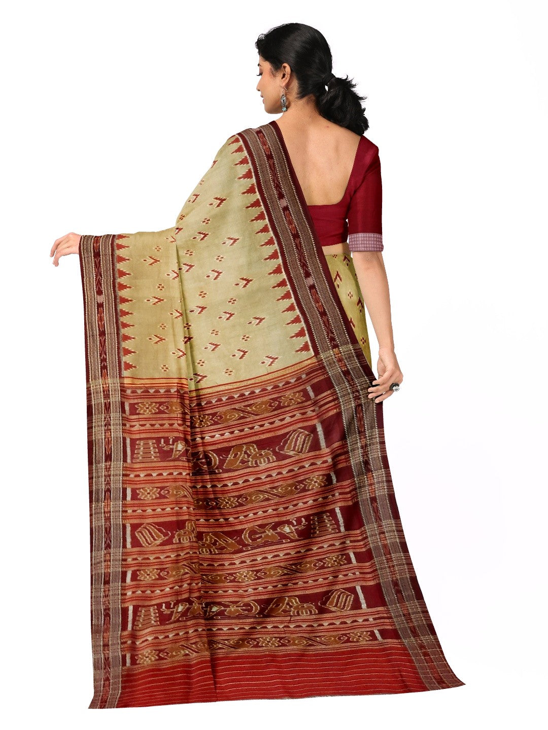 Beige with Maroon Odisha Khandua Pata Silk Saree with Maroon Silk blouse piece