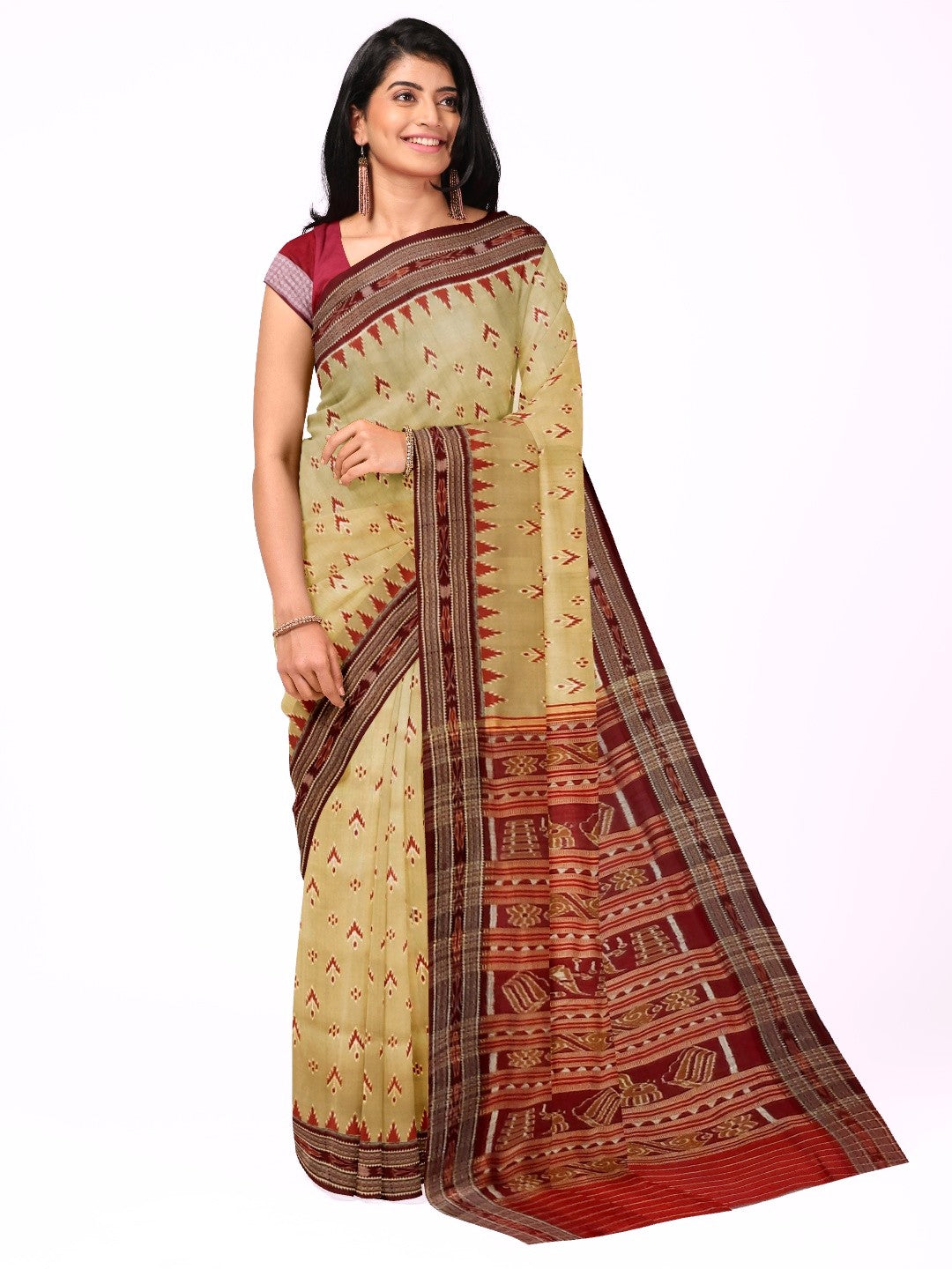 Beige with Maroon Odisha Khandua Pata Silk Saree with Maroon Silk blouse piece