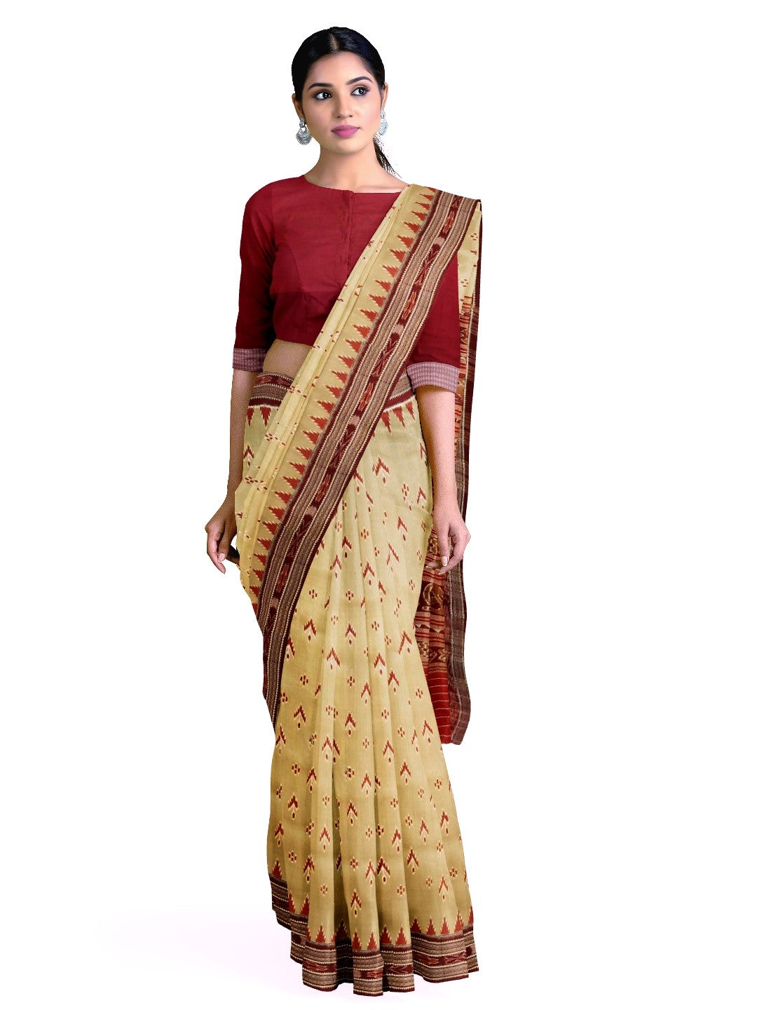 Beige with Maroon Odisha Khandua Pata Silk Saree with Maroon Silk blouse piece