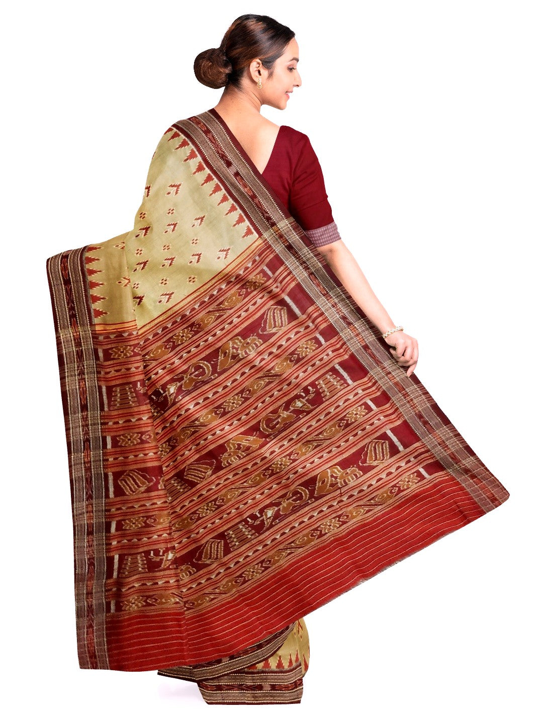 Beige with Maroon Odisha Khandua Pata Silk Saree with Maroon Silk blouse piece