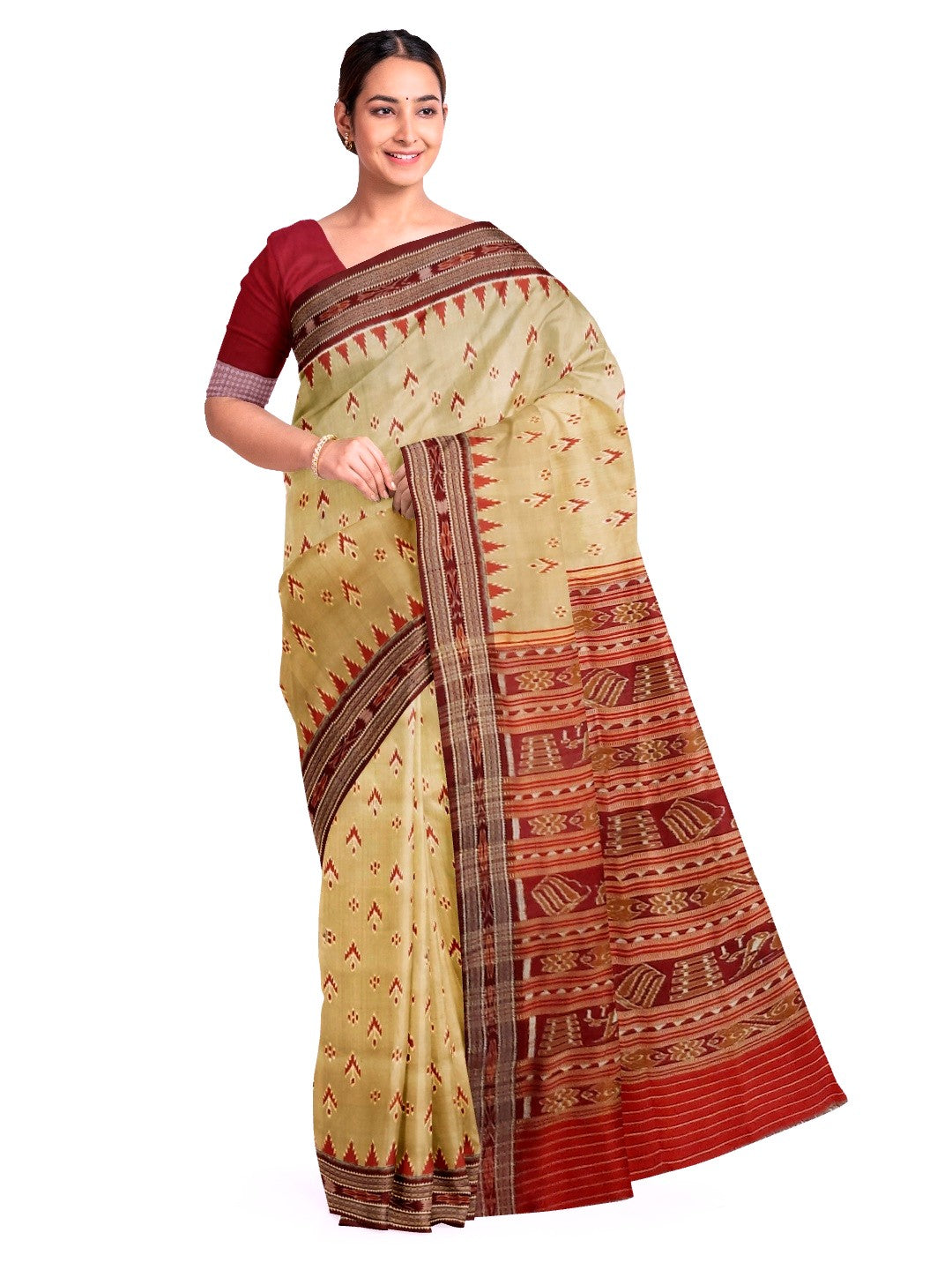 Beige with Maroon Odisha Khandua Pata Silk Saree with Maroon Silk blouse piece