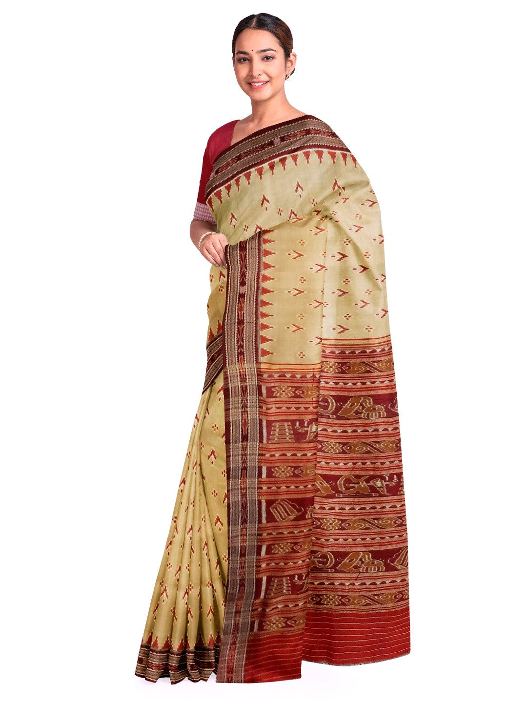 Beige with Maroon Odisha Khandua Pata Silk Saree with Maroon Silk blouse piece