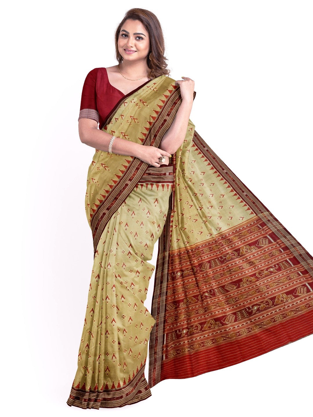 Beige with Maroon Odisha Khandua Pata Silk Saree with Maroon Silk blouse piece