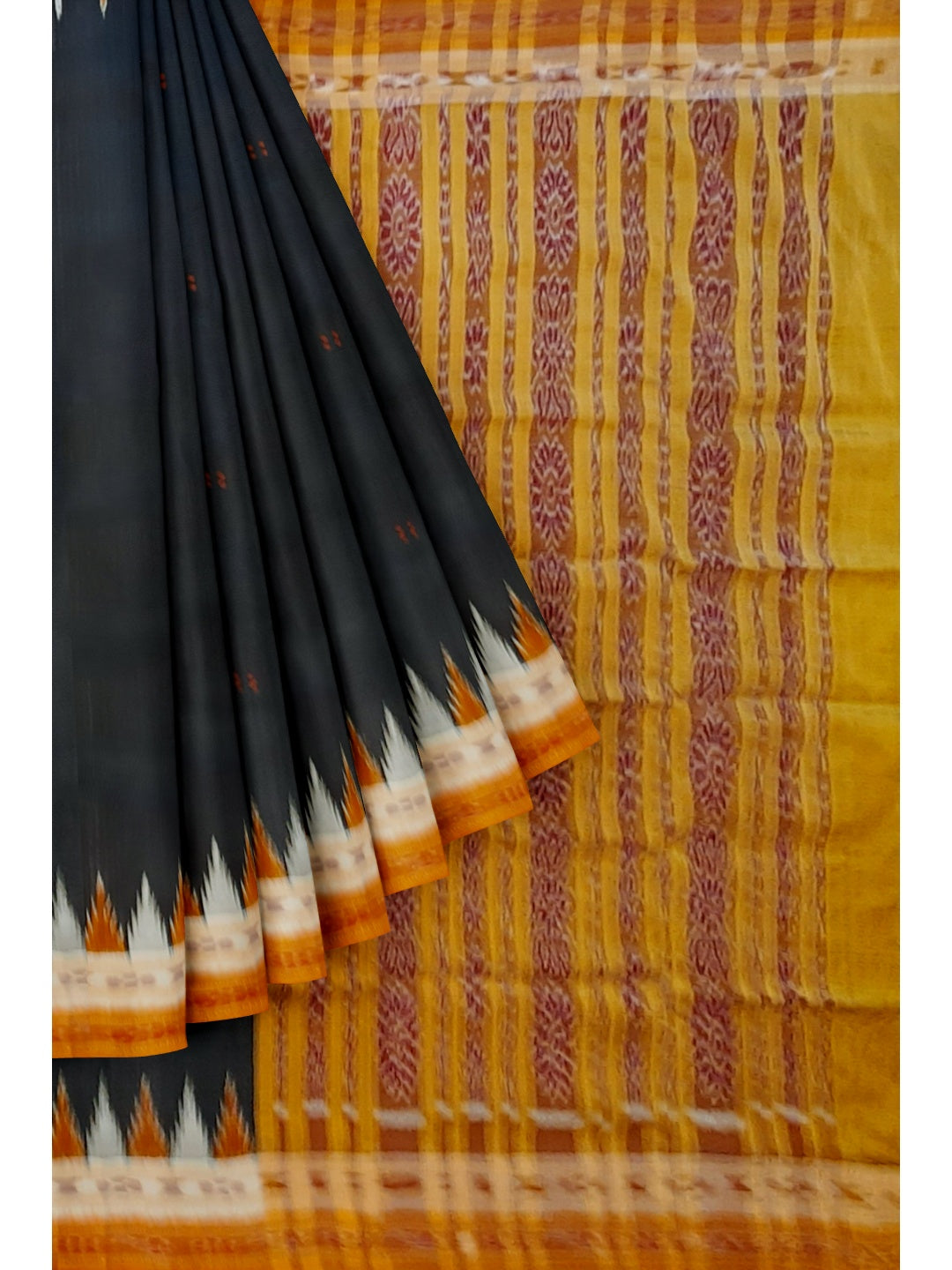 Black Odisha Khandua Pata Silk Saree with cotton ikat blouse piece