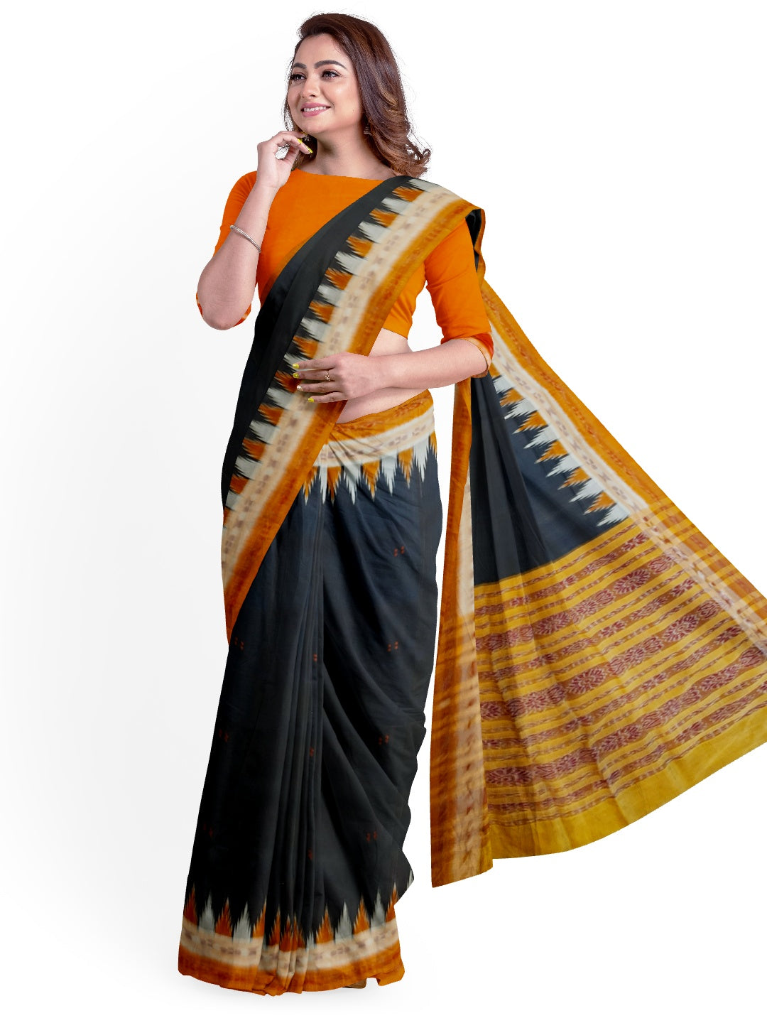 Black Odisha Khandua Pata Silk Saree with cotton ikat blouse piece