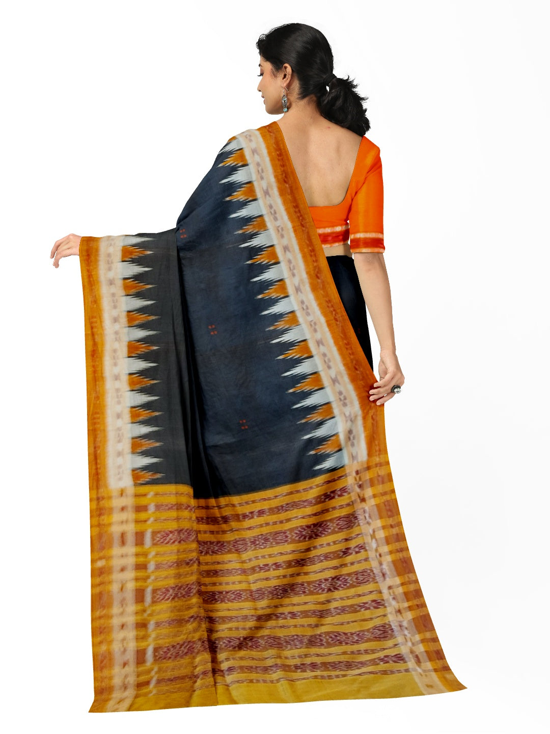 Black Odisha Khandua Pata Silk Saree with cotton ikat blouse piece