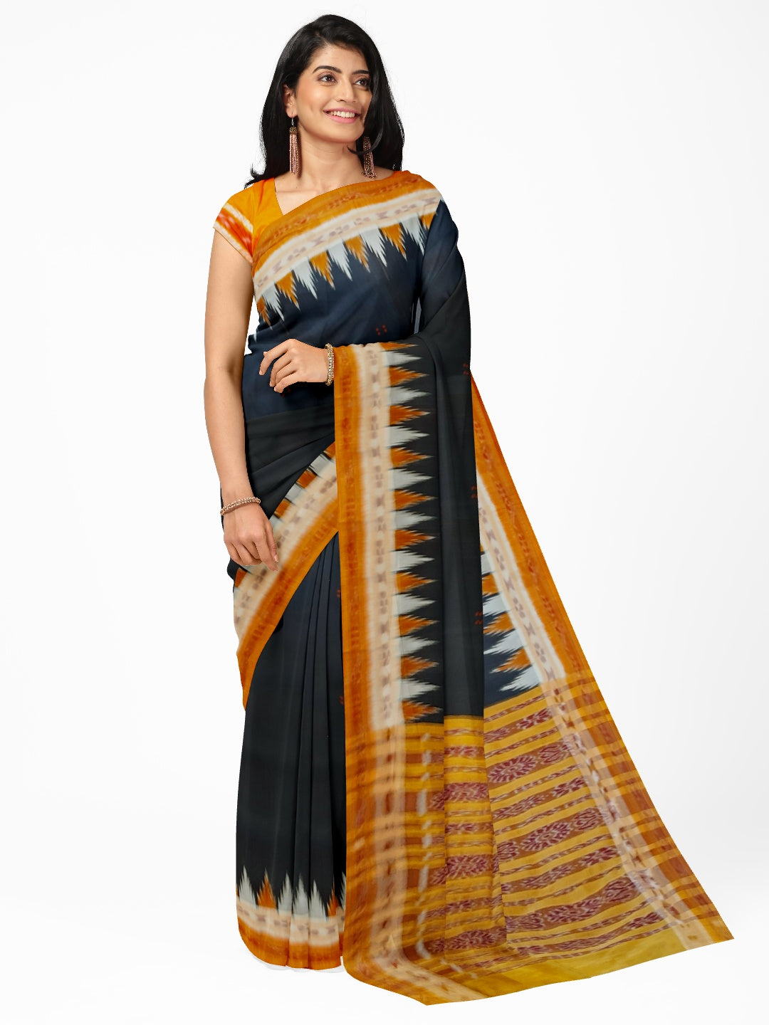 Black Odisha Khandua Pata Silk Saree with cotton ikat blouse piece