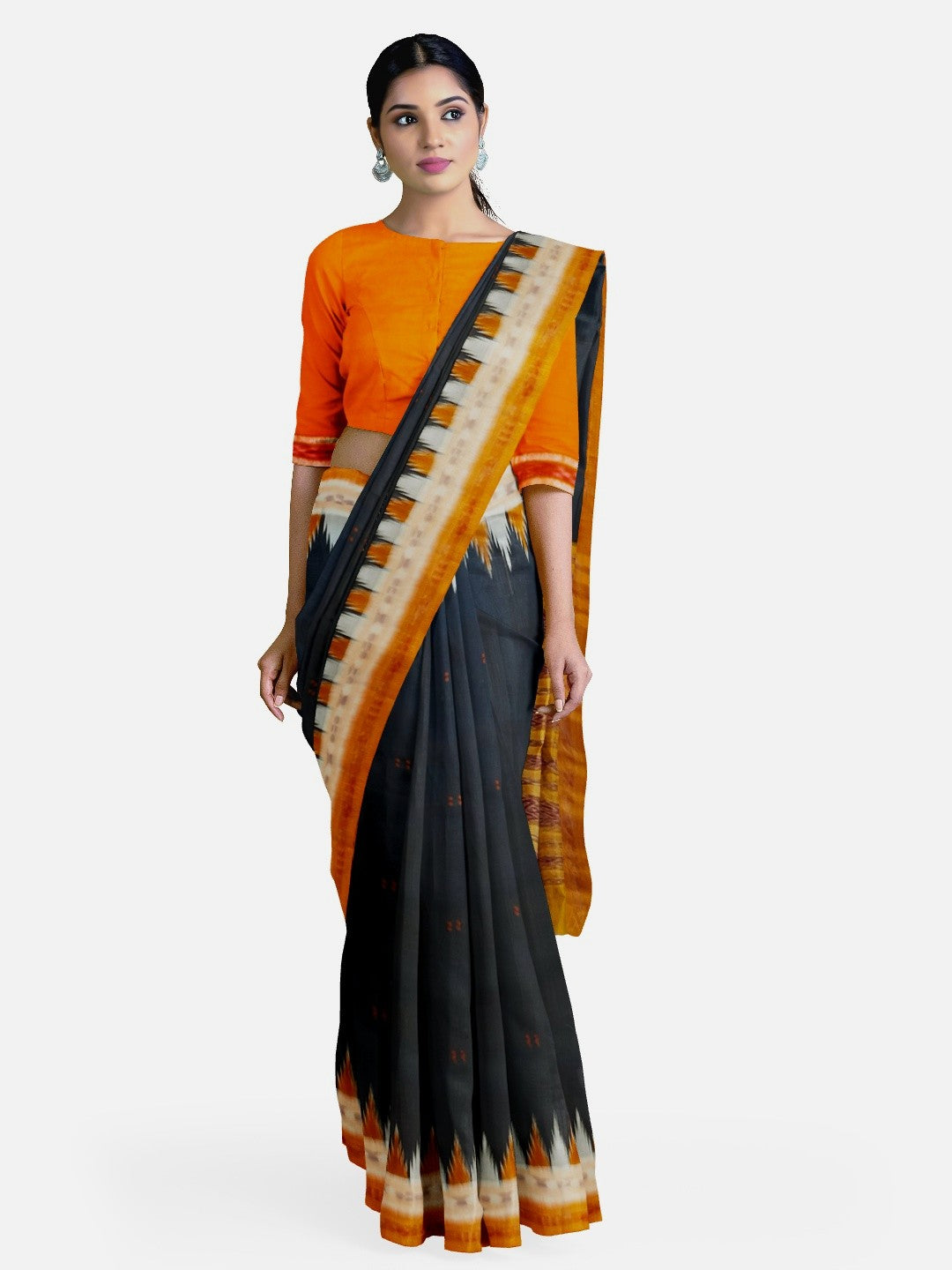 Black Odisha Khandua Pata Silk Saree with cotton ikat blouse piece